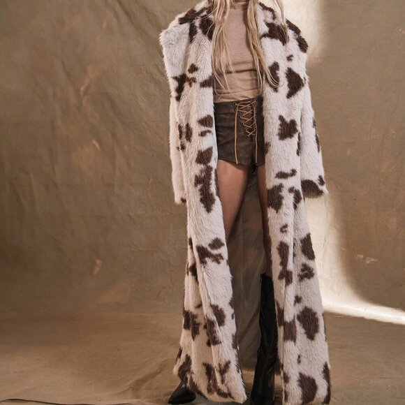 Multicolor Casual Women's Western Fluffy Cow Print Longline Coat